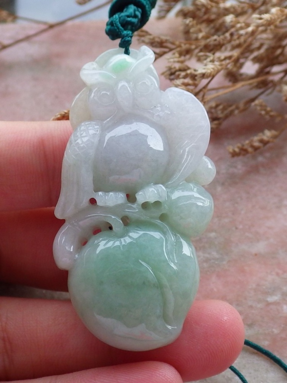 Certified Natural Myanmar Burma A Jade jadeite Owl Gourd Peach Ruyi Pendant